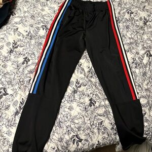 Black Track Pants with Red and Blue Stripes